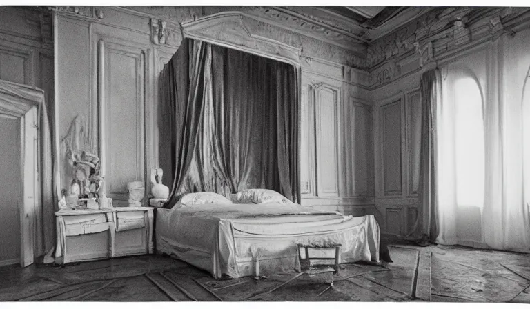 Prompt: A bedroom designed by Donatello, 35mm film, long shot