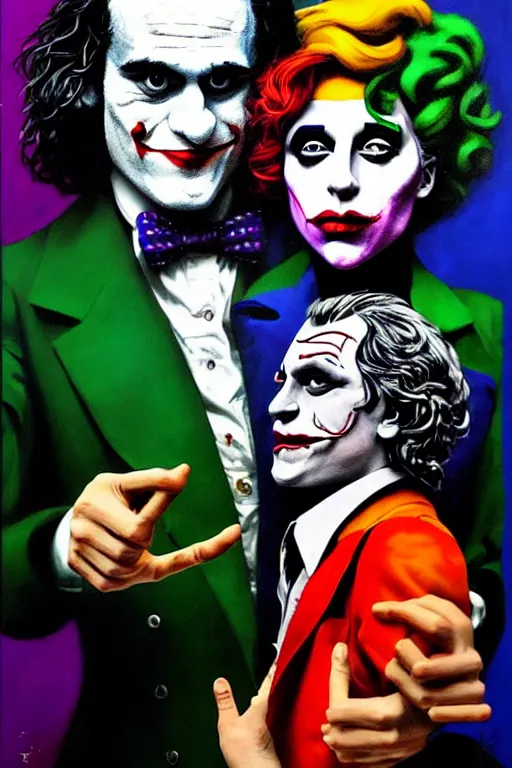 Image similar to ilya yefimovich repin and mimmo rottela and banksy as joaquin phoenix skinny joker, holding hand, lady gaga harley queen, ultra photorealistic, intricate details, pop art style, concept art, confident posse, random object details, 3 colours, warm color, 4 k, ultra smooth, sharp focus