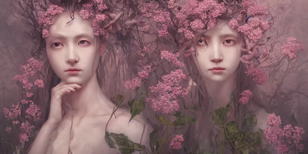 Image similar to breathtaking detailed weird concept art painting of few goddesses of light pink flowers, orthodox saint, with anxious, piercing eyes, ornate background, amalgamation of leaves and flowers, by Hsiao-Ron Cheng, extremely moody lighting, 8K