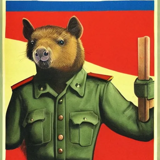 Prompt: soviet propaganda poster depicting a capybara in military uniform