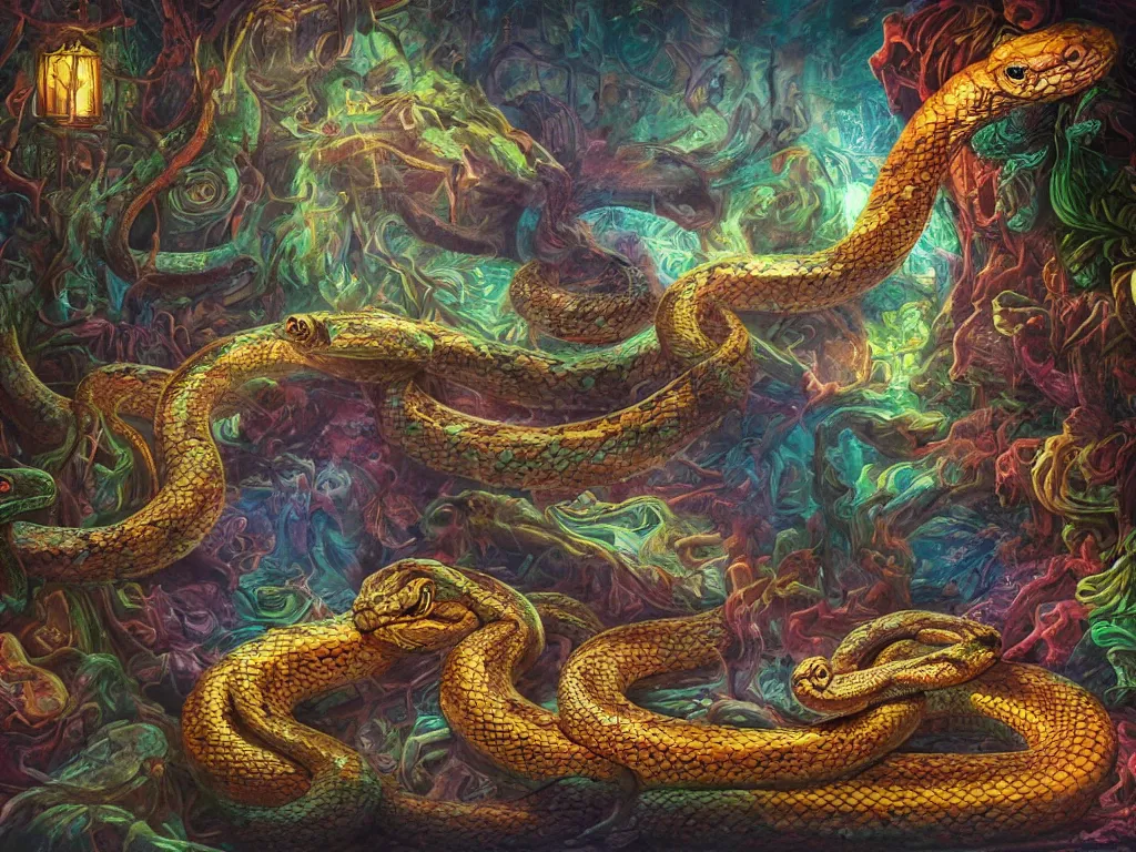 Prompt: A dark room with a large colored snake in the center of it. High detailed, colorful, very beautiful matte painting.