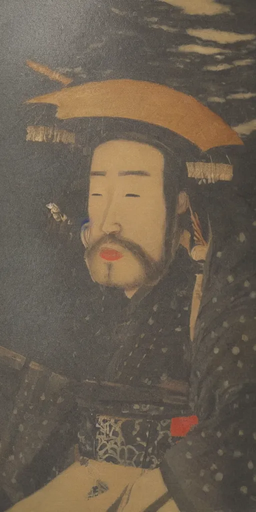 Image similar to romantic period style atmospheric oil painting of a Japanese Samurai