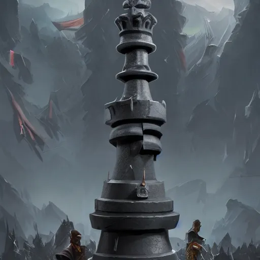 Image similar to a giant black chess bishop statue, battlefield background, bright art masterpiece artstation. 8 k, sharp high quality artwork in style of jose daniel cabrera pena and greg rutkowski, concept art by tooth wu, hearthstone card game artwork, chess piece