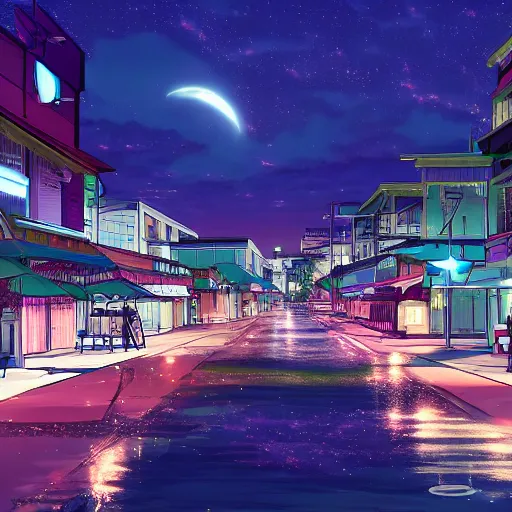 Image similar to modern anime still of an overview of a small coastal Florida town at night, downtown in the distance, key anime visuals