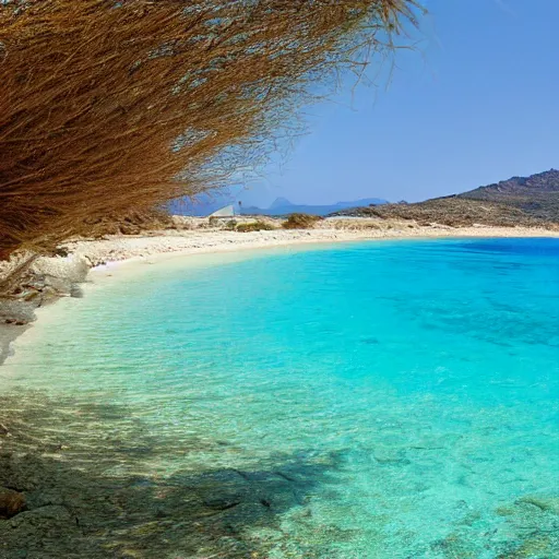 Image similar to beds on Elafonissi Beach in crete, 8k resolution, hyper detailed