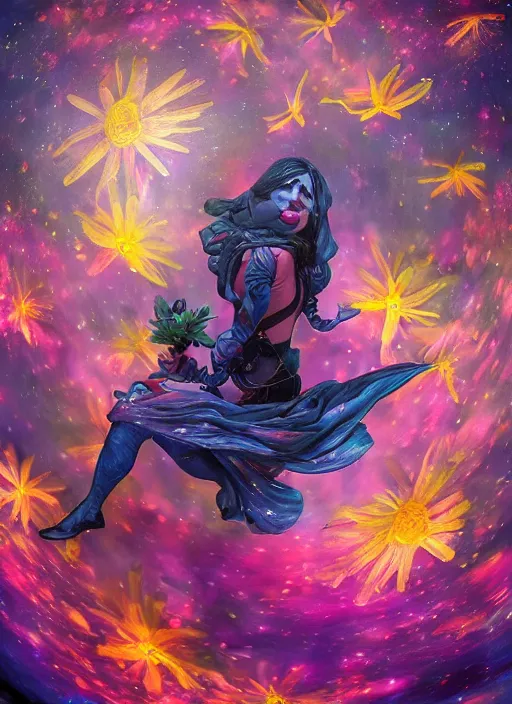 Image similar to An epic fantastic realism comic book style painting of the most beautiful spinning flowers launched across the dark and starry night sky, floating bouquets, fisheye, unreal 5, DAZ, hyperrealistic, octane render, dynamic lighting