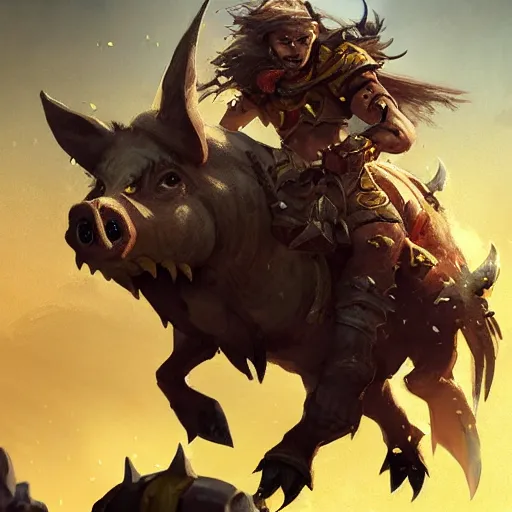 Image similar to a boar rider warrior, yellow theme, bright art masterpiece artstation. 8 k, sharp high quality artwork in style of jose daniel cabrera pena and greg rutkowski, concept art by tooth wu, blizzard warcraft artwork, hearthstone card game artwork, boar rider