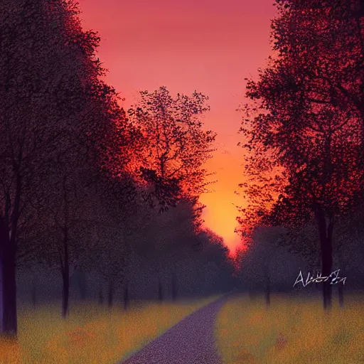 Prompt: tree-lined path at sunset, by Aenami Alena and Afshar Petros