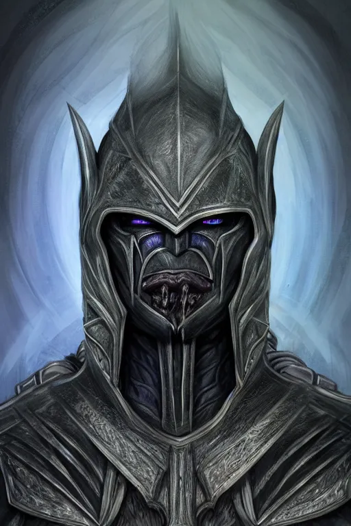 Image similar to head and shoulders portrait of an eldrich knight, drow, dark elf, shadar kai, breastplate, magical, male, high fantasy, d & d, by h. r. giger, face details, extremely detailed, digital illustration