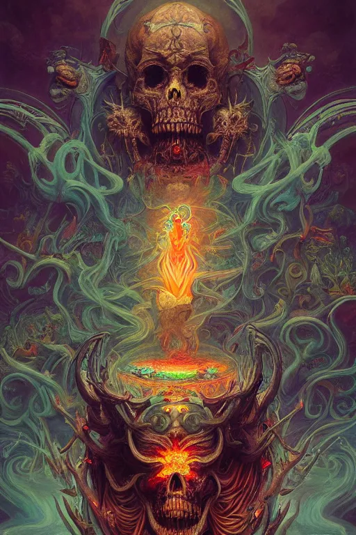 Image similar to gigantic psychedelic demonic cosmic skull lord of death and hell fire, fantasy painting, ultra realistic, wide angle, art nouveau, intricate details, rainbowshift, vivid colors, highly detailed by peter mohrbacher, h. r. giger, maxfield parrish, gustave dore, craig mullins, octane render, cgi