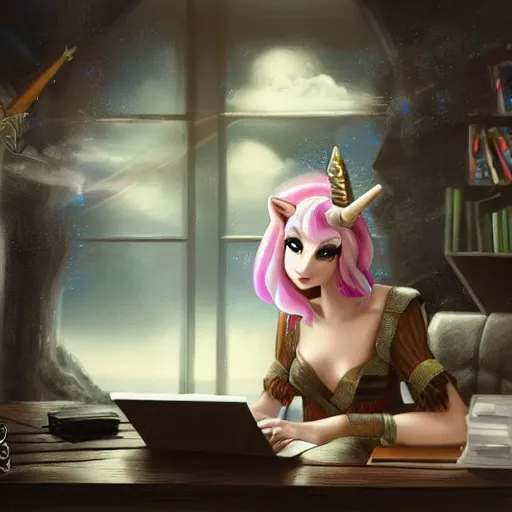 Image similar to unicorn working in an office typing on computer, fantasy, detailed, high quality, artstation contest winner