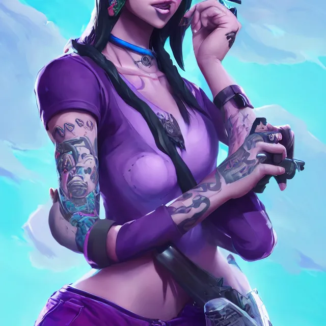 Prompt: beautiful female purple hair with dagger tattoo symmetrical face eyes full length fantasy art apex fortnite Video game icon, 2d game art gta5 cover , official fanart behance hd artstation by Jesper Ejsing, by RHADS, Makoto Shinkai and Lois van baarle, ilya kuvshinov, rossdraws