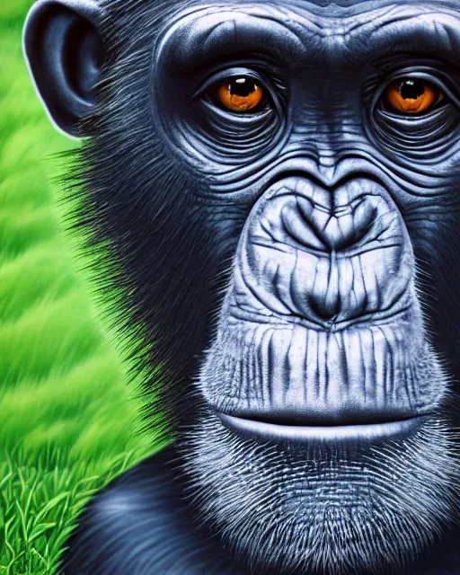 Image similar to very detailed high resolution illustration portrait of a chimpanzee, rolling green hills, 3 d, 8 k, extremely detailed, artstation