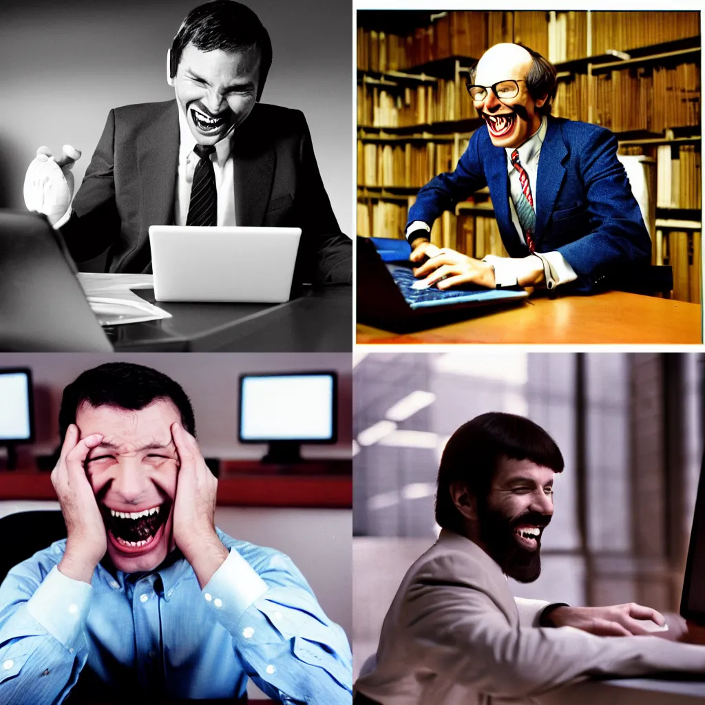 Prompt: A strategy consultant using his brain and laptop to lead companies to great success, he is laughing Maniacally, HAHAHAHA. 1980. Wideshot. Real photography. Creepy. He is insane.