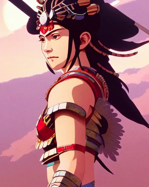 Prompt: young madonna as an azctec warrior, detailed perfect face, exquisite details, fire magic, mid view, design on a white background, by studio muti, greg rutkowski makoto shinkai takashi takeuchi studio ghibli