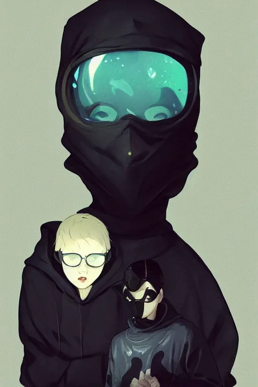 Prompt: a 1 5 year old in a black hoodie with the hood on his head wearing black pants and shoes and round sunglasses and a black mask in the style of artgerm, charlie bowater, atey ghailan and mike mignola, vibrant colors and hard shadows and strong rim light, plain background, comic cover art, trending on artstation