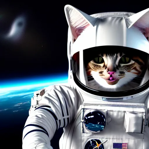 Prompt: cat in astronaut suit, in space, grand backgound, cgi render, 8 k - w 1 0 2 4