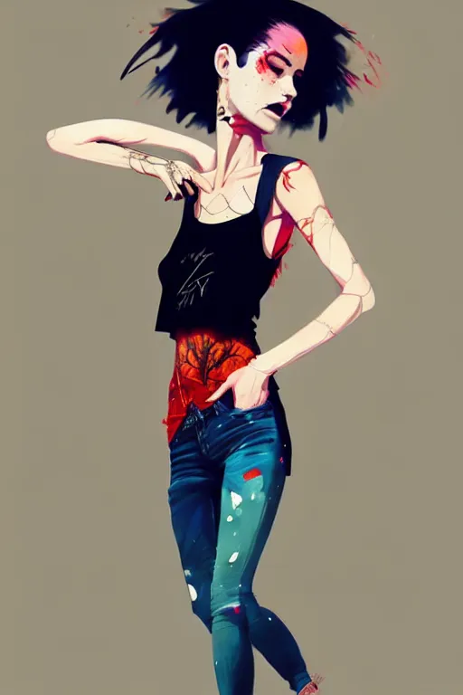 Image similar to a ultradetailed beautiful full body painting of a stylish woman with short hair, she is wearing a black tank top and jeans, by conrad roset, greg rutkowski and makoto shinkai trending on artstation