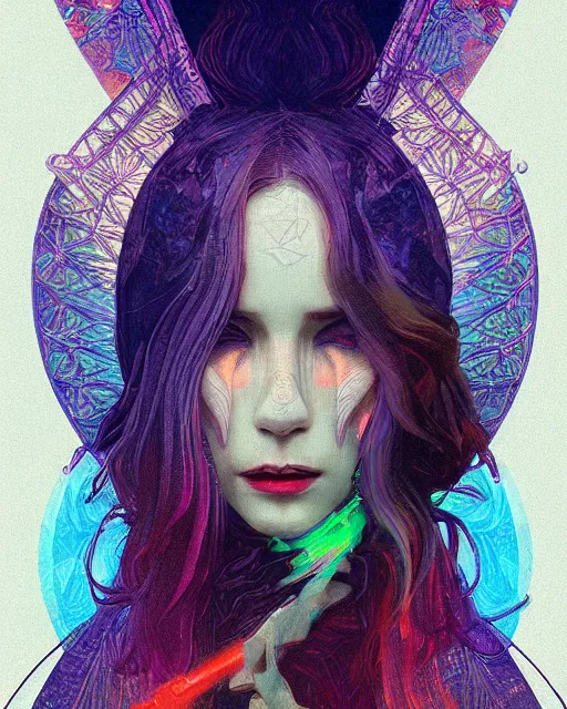 Image similar to glitch art vampire, glitches, vaporwave, highly detailed, very intricate, art nouveau pixelated, neon glitch, chromatic aberration, harsh lighting, award - winning, disney concept art illustration by mandy jurgens and alphonse mucha and alena aenami, glitch color palette, featured on artstation