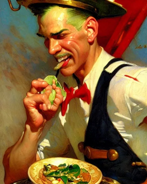 Prompt: attractive popeye the sailor man eating a spinach salad, painting by gaston bussiere, craig mullins, j. c. leyendecker,