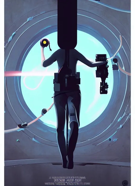 Image similar to poster artwork by Michael Whelan and Tomer Hanuka, of a product poster of the Portal Gun, from the game Portal 2, from Valve, Aperture Science, clean