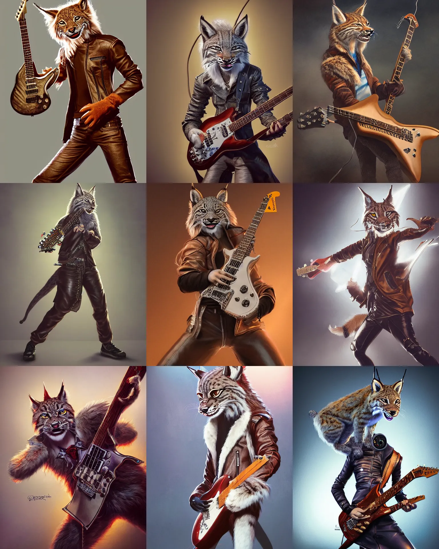 Prompt: an anthropomorphic lynx playing an electric guitar on stage, leather jacket, fursona, dynamic, 3 d render, hyper - realistic detailed portrait, fantasy, magic the gathering, hyper detailed, octane render, concept art, wlop, artgerm, greg rutkowski