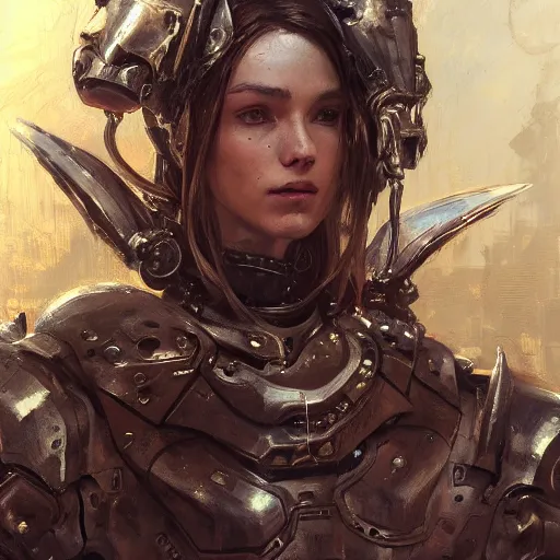 Image similar to portrait girl face metal cyborg armor and metal horse by gaston bussiere, anna nikonova aka newmilky, greg rutkowski, yoji shinkawa, yoshitaka amano, tsutomu nihei, donato giancola, geoffroy thoorens, concept art, trending on artstation, featured on pixiv