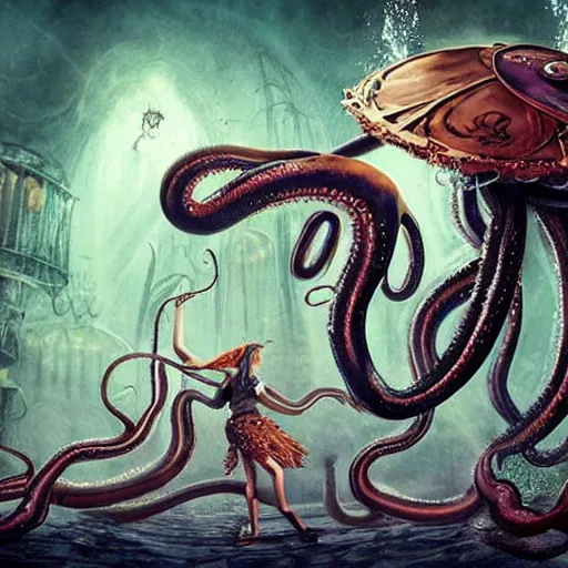 Image similar to fantasy steampunk giant Squid woman frantically playing a huge drum set with tentacles undersea dystopian photorealistic spotlight