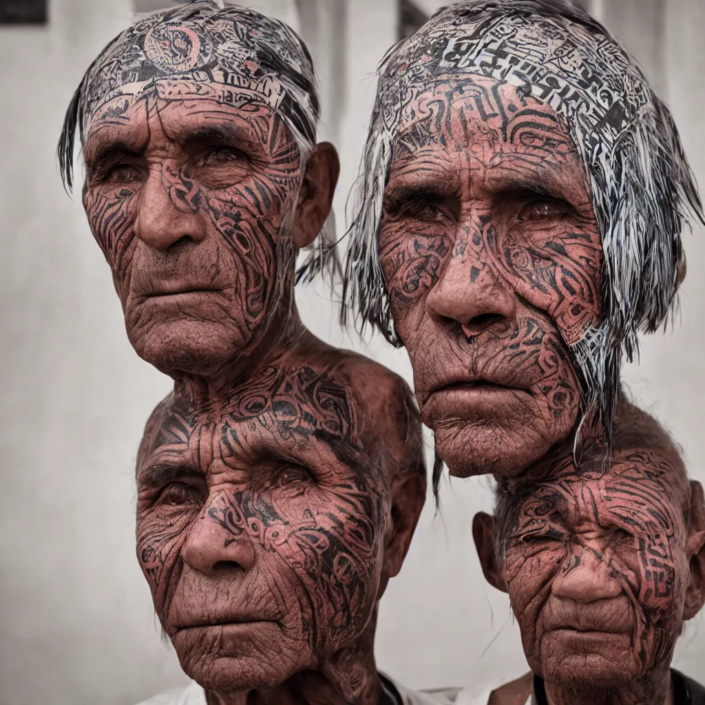 Prompt: a portrait photograph of one single old indigenous tattooed man wearing color rays helmet mask in porcelain editorial fashion photography beautiful eyes, close up shot, haute couture stares at the camera, cannon ef 1 0 5 mm in the grand budapest hotel, stars, bruce gilden