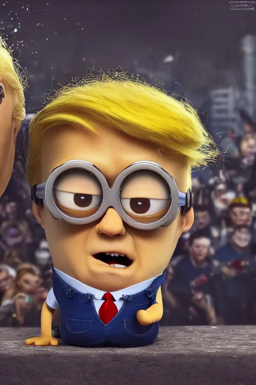 Image similar to trump as a minion, blond hair, riot background oil on canvas, intricate, portrait, 8 k highly professionally detailed, hdr, cgsociety