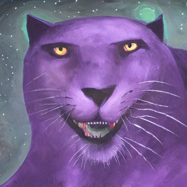 Image similar to closeup of a purple panther roaring at the moon in the forest. night. large moon in the center. cinematic. oil painting. concept art