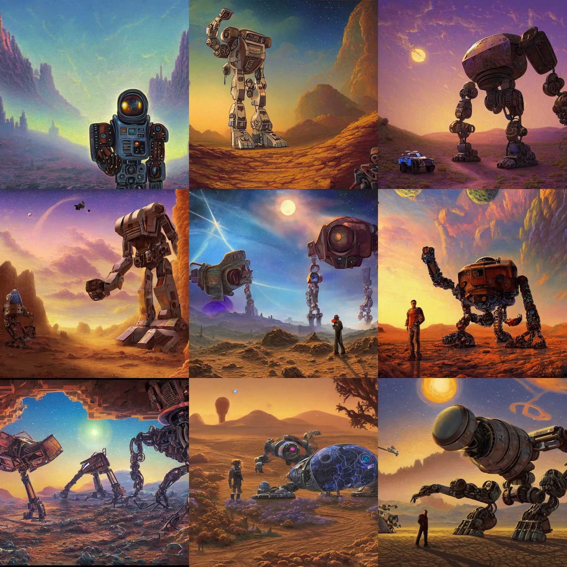 Prompt: next to the wreckage of a giant humanoid robot on a remote desert planet, from a space themed point and click 2 d graphic adventure game, art inspired by thomas kinkade