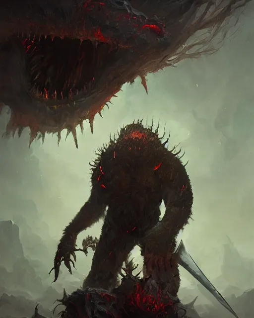 Image similar to oil painting of Angry Lovecraftian Beast Berserker holding sword, sharp focus, attack pose, fantasy style, octane render, volumetric lighting, 8k high definition, by greg rutkowski, highly detailed, trending on artstation, spaceship hallway background, centered, horror, sci-fi atmosphere