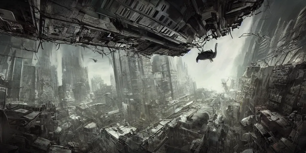 Image similar to upside down post-apocalyptic city, sci-fi, cinematic