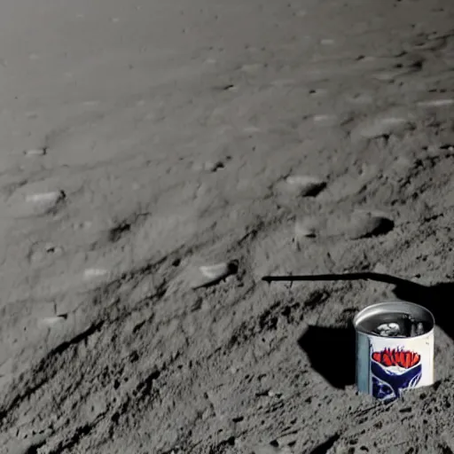 Prompt: photo of an electric guitar sitting idle and a beer can sitting idle on the moon surface. nuclearpunk