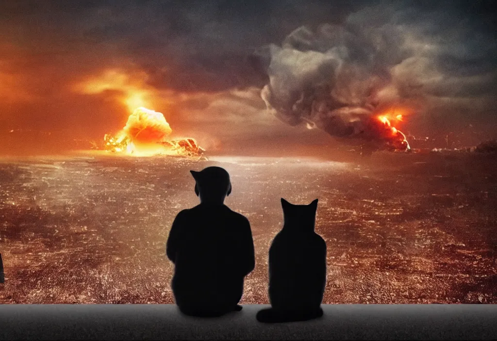 Image similar to old man sitting with black cat watching nuke explosion close up shot from behind, cinematic movie close up shot from behind, background blur bokeh, world ending nuke, 4 k