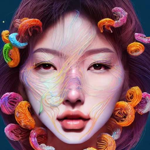 Image similar to the face of an unbelievably beautiful and pretty japanese girl partially made of onion rings of all colors looking down, an ultrafine detailed illustration by james jean, final fantasy, intricate linework, bright colors, behance contest winner, vanitas, angular, altermodern, unreal engine 5 highly rendered, global illumination, radiant light, detailed and intricate environment