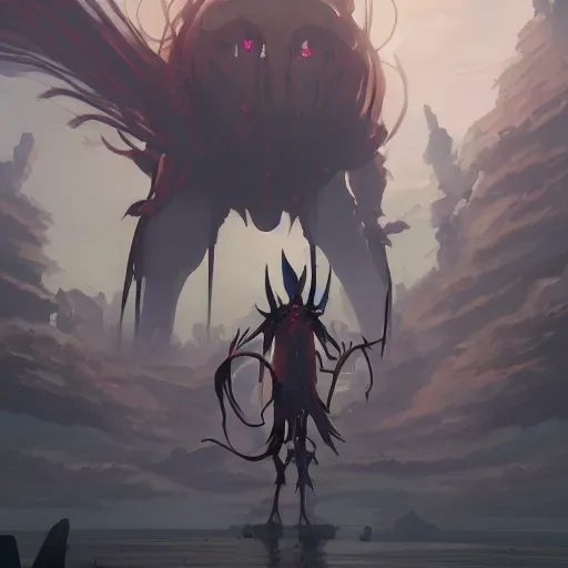 Image similar to a gigantic shadowy bug demon cyclops, medieval background, highly detailed, digital painting, artstation, matte, by makoto shinkai, animation style, studio ghibli, anime key visual