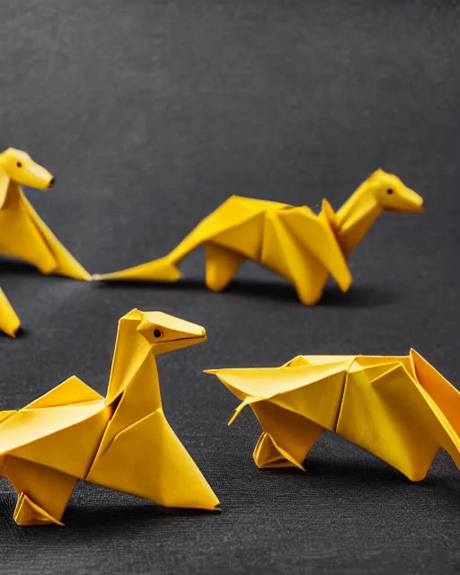 Image similar to high quality presentation photo of origami dinosaurs, photography 4k, f1.8 anamorphic, bokeh, 4k, Canon, Nikon