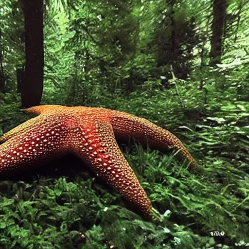 Image similar to a weird giant starfish in the forest caught on trailcam nightvision footage camera, grainy low quality