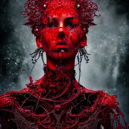 Image similar to a female model by stefan geselle and nekro borja, photorealistic, cyberpunk, intricate details, hyper realistic, red lace headpiece, dark beauty, photorealistic, canon r 3, photography, wide shot, photography, dark beauty, symmetrical features