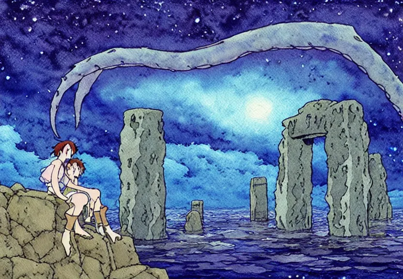 Image similar to a simple watercolor studio ghibli movie still fantasy concept art of stonehenge at the bottom of the ocean. a giant squid from princess mononoke ( 1 9 9 7 ) is holding large stones. it is a misty starry night. by rebecca guay, michael kaluta, charles vess