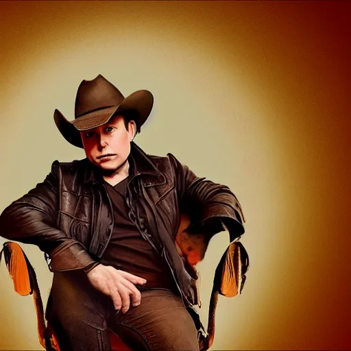 Image similar to elon musk as a cowboy sitting on the chair, digital art