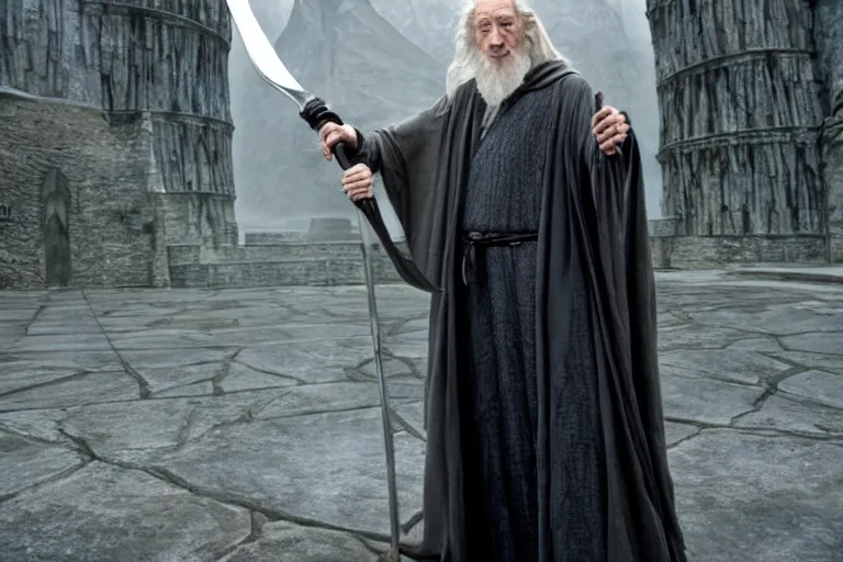 Image similar to gandalf played by charles dance, standing outside orthanc in the style of h. r. giger