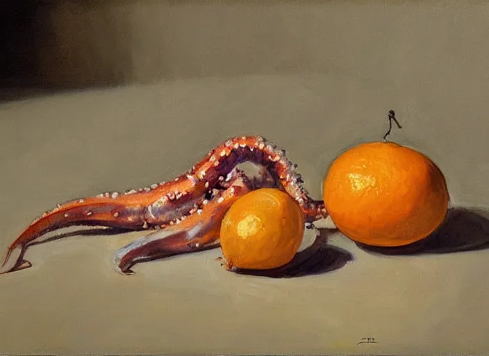 Prompt: “ a highly detailed beautiful portrait of a squid peeling an orange, by gregory manchess, james gurney, james jean ”