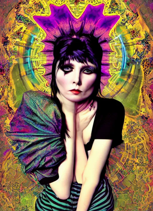 Prompt: cute punk goth fashion fractal young Debbie Harry posing by Zhang Jingna, punk poster art by Hannah Höch Victor Moscoso Dan Mumford Kilian Eng Hannah Jeffrey Smith Rick Griffin Alphonse Mucha Gustav Klimt Ayami Kojima Amano Charlie Bowater, violet and black