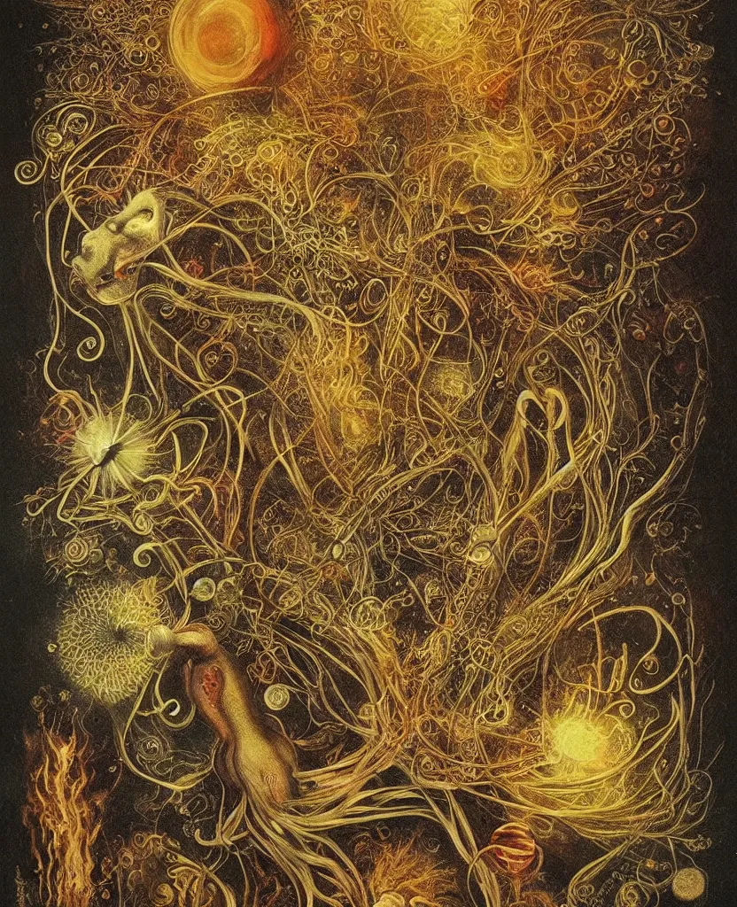 Image similar to whimsical freaky creature sings a unique canto about'as above so below'being ignited by the spirit of haeckel and robert fludd, breakthrough is iminent, glory be to the magic within, painted by ronny khalil