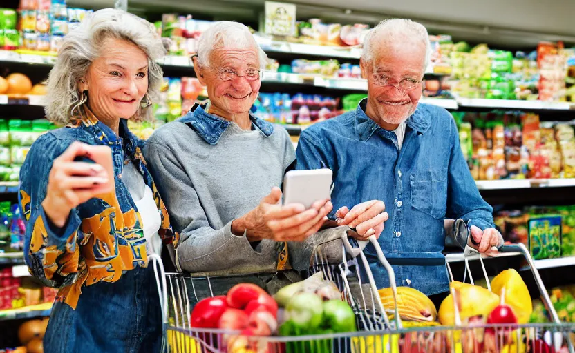 Image similar to close - up photo of old norwegian couple in a grocery shop, scanning groceries with their smartphones, holding up their smartphones, displaying qr codes, shopping carts full of groceries, long line of people in background, advertisement photo by david lachapelle