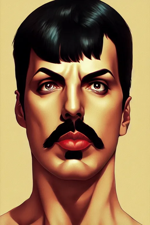 Prompt: freddie mercury, manga cover art, detailed color portrait, artstation trending, 8 k, greg rutkowski