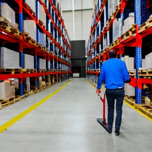 Prompt: Photo of a man walking inside a warehouse carrying a pallet jack, 4K